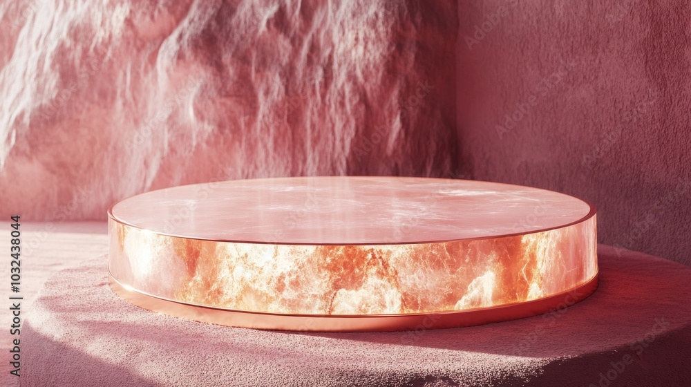 Poster The circular platform emanates a soft glow, positioned in a serene setting surrounded by rocky formations. Warm hues highlight its edges, creating an inviting atmosphere in a tranquil environment.