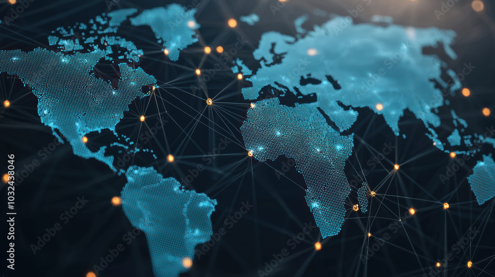Poster digital world map with interconnected supply chain hubs and networks