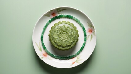 Delicate Jade Mooncake on Floral Plate