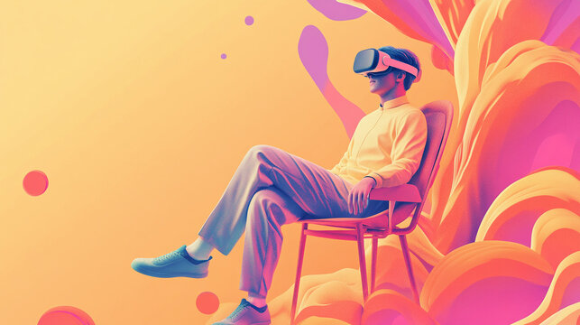 2d illustration of a young male with a virtual reality headset sitting on a chair serialism background