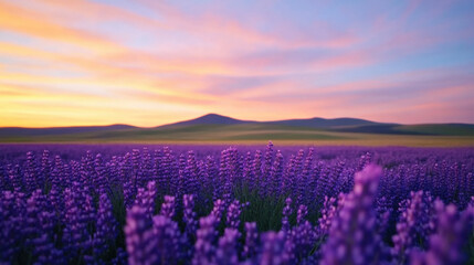 Fototapeta premium serene landscape of lavender fields under colorful sunset sky