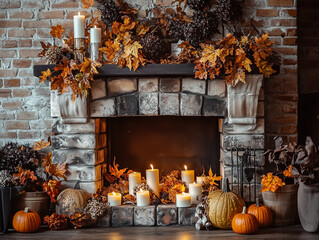 Cozy Fireplace Decorated for Fall with Candles and Pumpkins