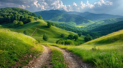 Obraz premium Stunning Summer Landscape with Green Rolling Hills and Winding Path