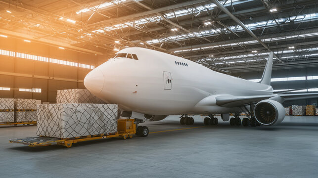 Massive cargo plane unloading in spacious air logistics facility