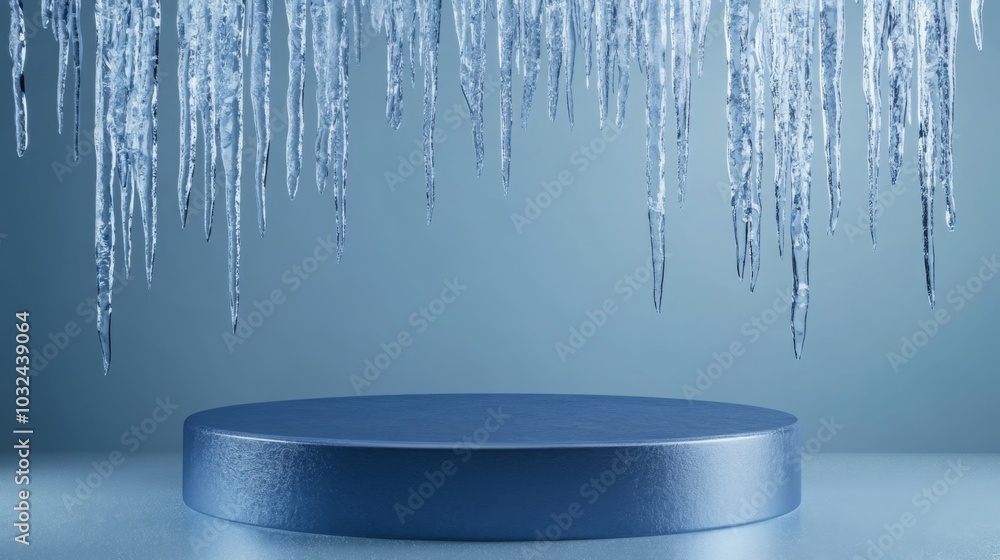Aufkleber icicles dangle from above in a cool-toned setting, dripping into an empty circular pedestal below, c