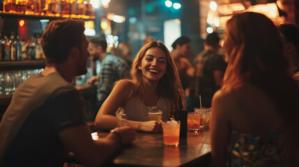 A lively bar chain atmosphere with patrons enjoying cocktails, laughter, and music, highlighting a fun nightlife experience