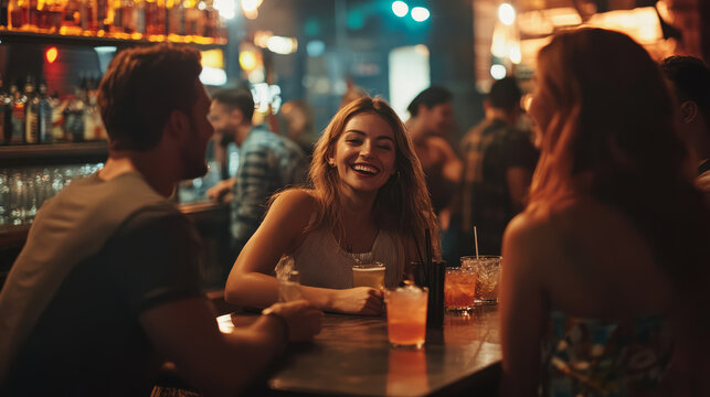 A lively bar chain atmosphere with patrons enjoying cocktails, laughter, and music, highlighting a fun nightlife experience