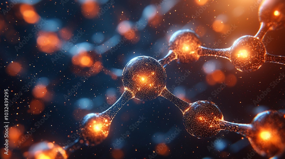 Poster abstract glowing molecule structure on dark background.