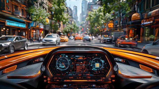 A futuristic car driving through a busy city street.