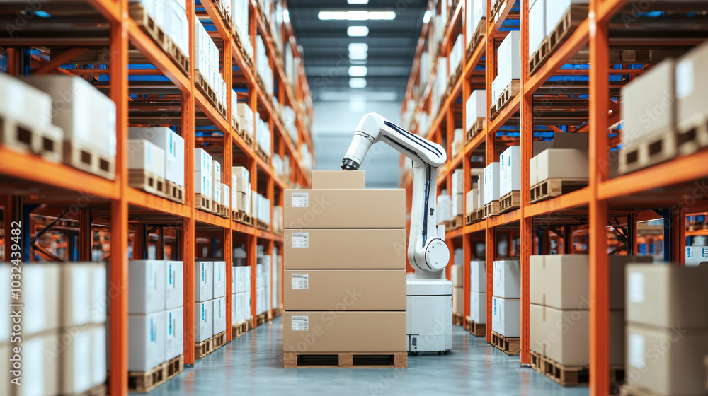 Poster efficient robotic arm stacking boxes in futuristic warehouse environment