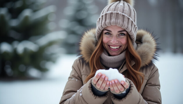 Beautiful happy female in winter clothes standing in winter forest and holding snow in hands, vinter vibe