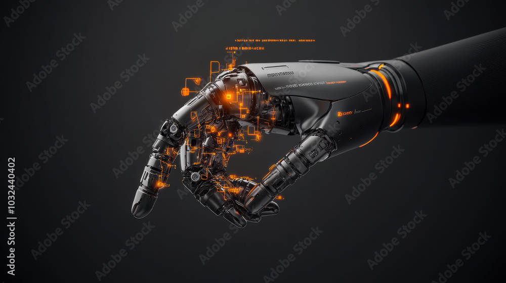 Poster futuristic robot hand with nanobots and intricate circuitry design