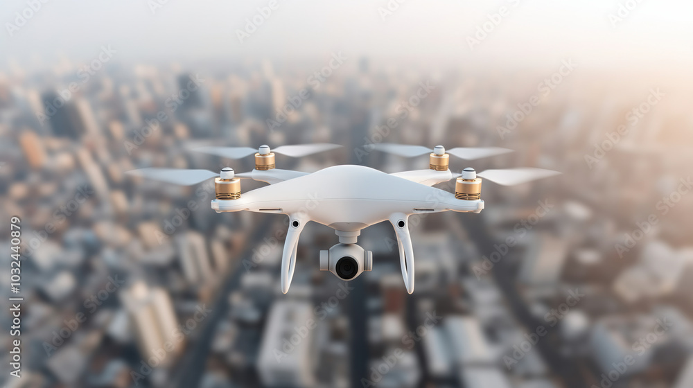 Wall mural drone flying over cityscape, showcasing modern technology and urban life