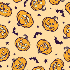 Halloween seamless vector pattern with cute cartoon pumpkin lanterns, hand drawn adorable festive repeat tile background design
