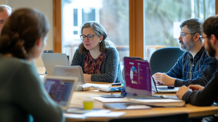 A peer review process illustrated through a meeting of experts discussing research papers, surrounded by laptops and notes