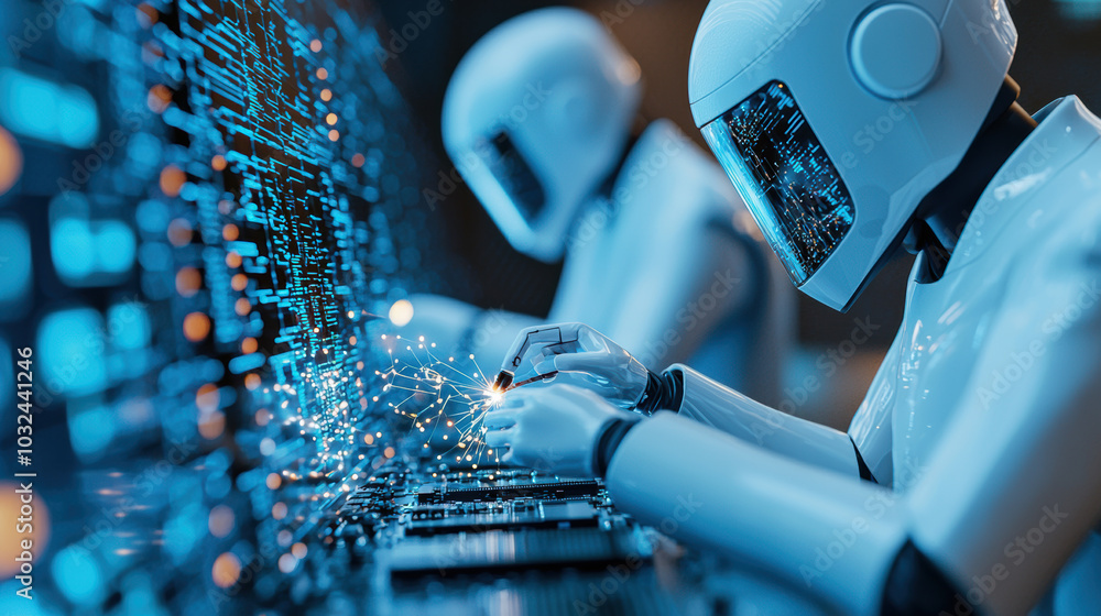 Poster futuristic robots working on advanced technology and connections