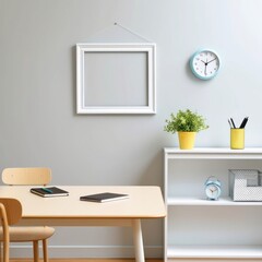 "A simple and bright office room with modern decor. The back wall is painted in light gray, with an empty white picture frame hanging in the middle. Below the frame, there is a light-colored wooden ta