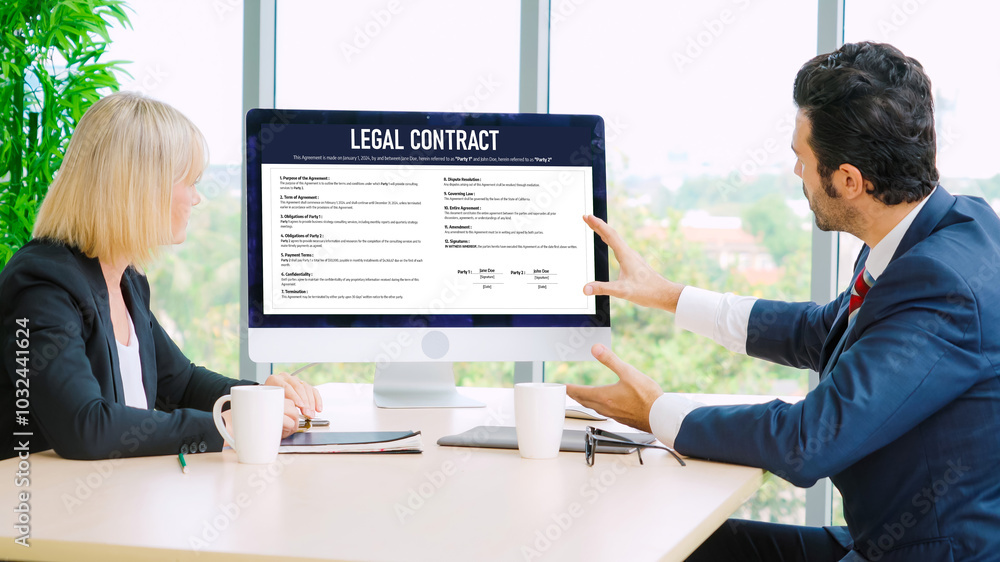 Poster digital legal contract provide terms and conditions document on computer screen ready for online dig
