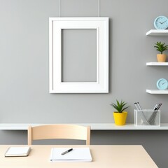 "A simple and bright office room with modern decor. The back wall is painted in light gray, with an empty white picture frame hanging in the middle. Below the frame, there is a light-colored wooden ta