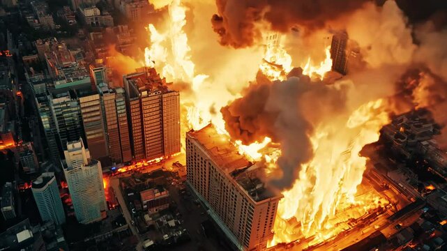 Exploding cityscape with buildings engulfed in flames and heavy smoke, creating a chaotic apocalyptic scene. VIDEO