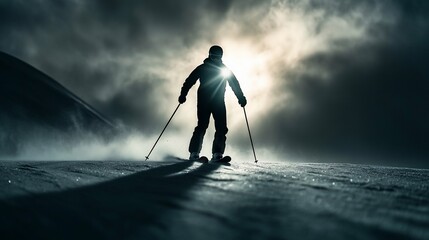 Fototapeta premium A skier stands silhouetted against a dramatic sky with a bright sun behind them, creating a starburst effect. The skier is on a snowy slope, with a mountain in the background.
