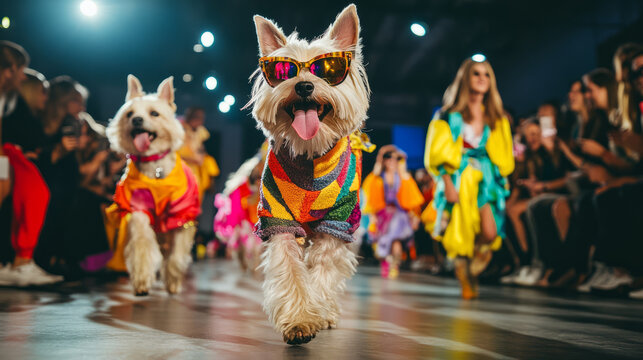 A pet fashion show runway with dogs dressed in vibrant, stylish outfits, walking with their owners in front of an enthusiastic audience