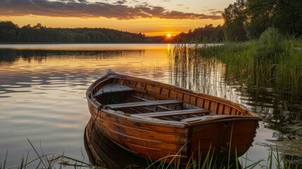 Obraz premium Serene Sunset Over a Calm Lake with a Boat