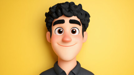 Friendly cartoon character with curly hair and warm smile