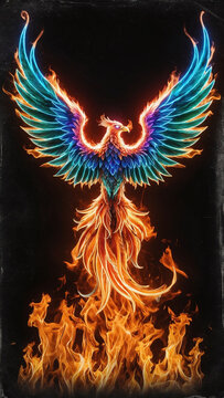 recommend clip art: Glowing Neon Outline of Phoenix Rising from Flames Mythical Rebirth Symbol