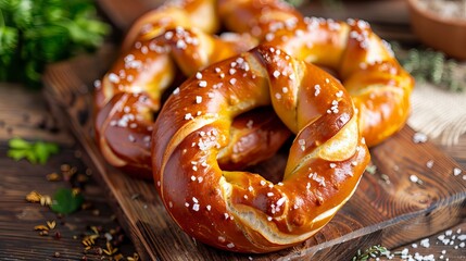 Freshly baked homemade soft pretzel with salt on rustic table, Thanksgiving day, Thanksgiving day celebration, Oktoberfest