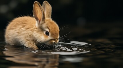 Obraz premium A small, brown rabbit with long ears is drinking water from a clear stream.