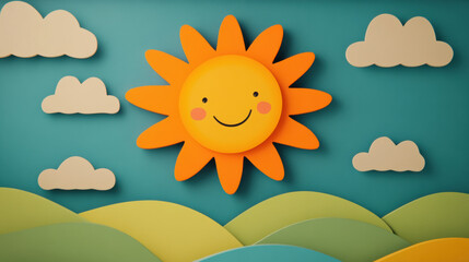 Bright and cheerful sun with smiling face, surrounded by colorful hills and clouds