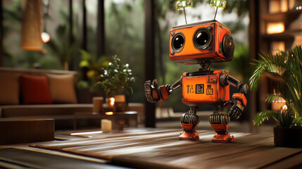 Fototapeta premium Playful 3D cartoon robot in modern setting, surrounded by plants and cozy decor