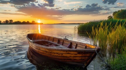 Obraz premium Serene Sunset Over a Calm Lake with a Boat