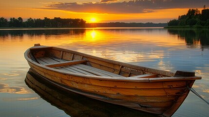 Fototapeta premium Serene Sunset Over a Calm Lake with a Boat