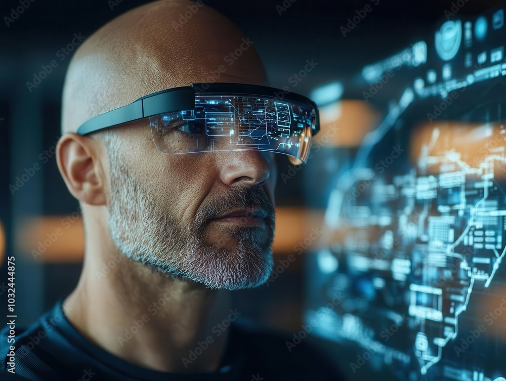 Poster a focused individual wearing smart glasses interacts with digital data projected in front of him, il