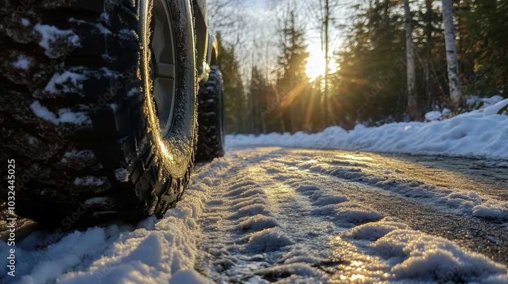Poster the sun sets behind trees, casting a warm glow on a snowy road. tire tracks are visible in the snow,