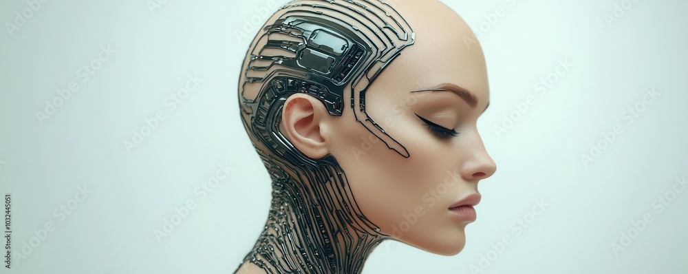 Poster a futuristic image of a humanoid robot with a sleek, cybernetic head, showcasing intricate circuit p