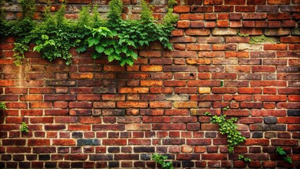 An aged brick wall, weathered by time and touched by the tenacious growth of green vines, creates a tapestry of resilience and beauty.
