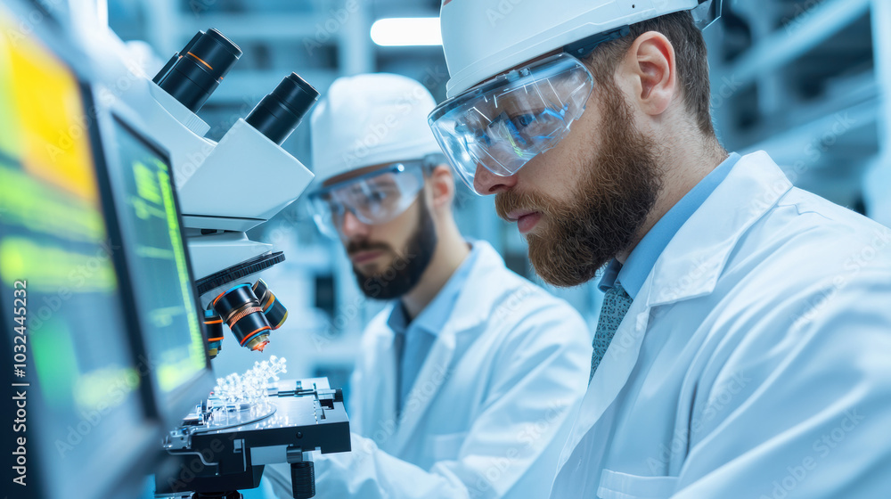 Poster scientists observing nanobot under powerful microscope in lab