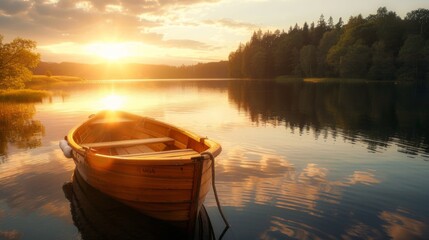 Obraz premium Serene Sunset Over a Calm Lake with a Boat