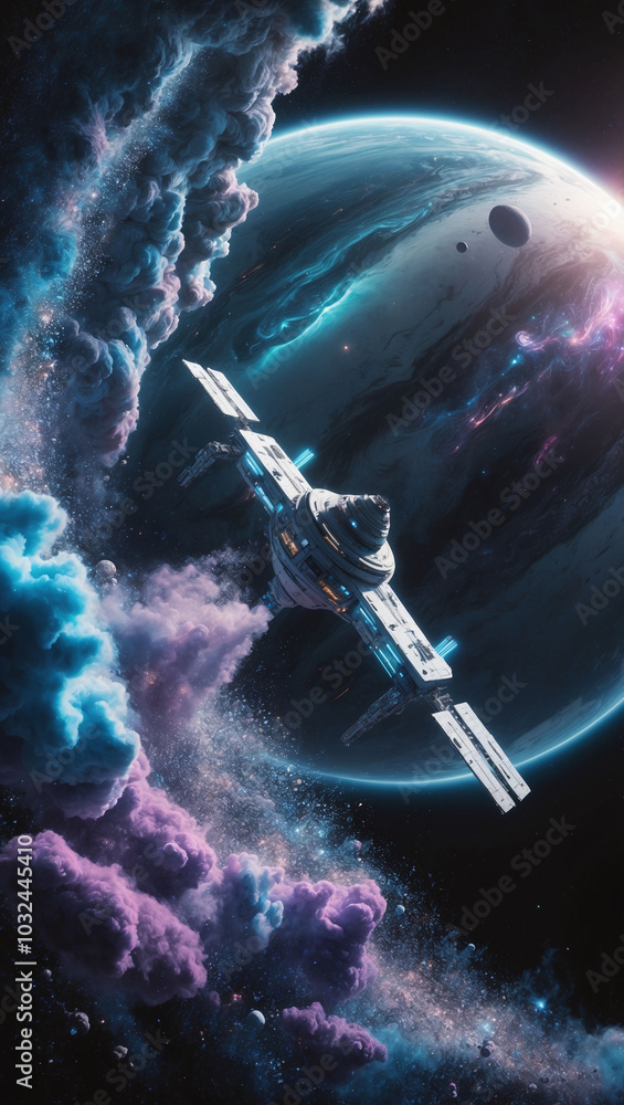 Poster 3d render of a futuristic space station orbiting a distant planet