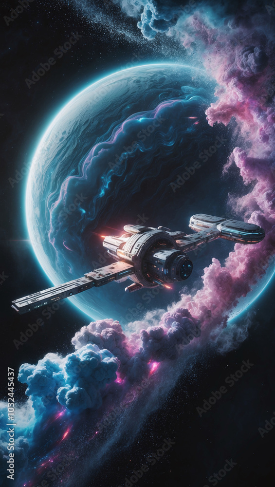 Poster 3d render of a futuristic space station orbiting a distant planet