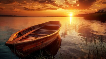 Fototapeta premium Serene Sunset Over a Calm Lake with a Boat