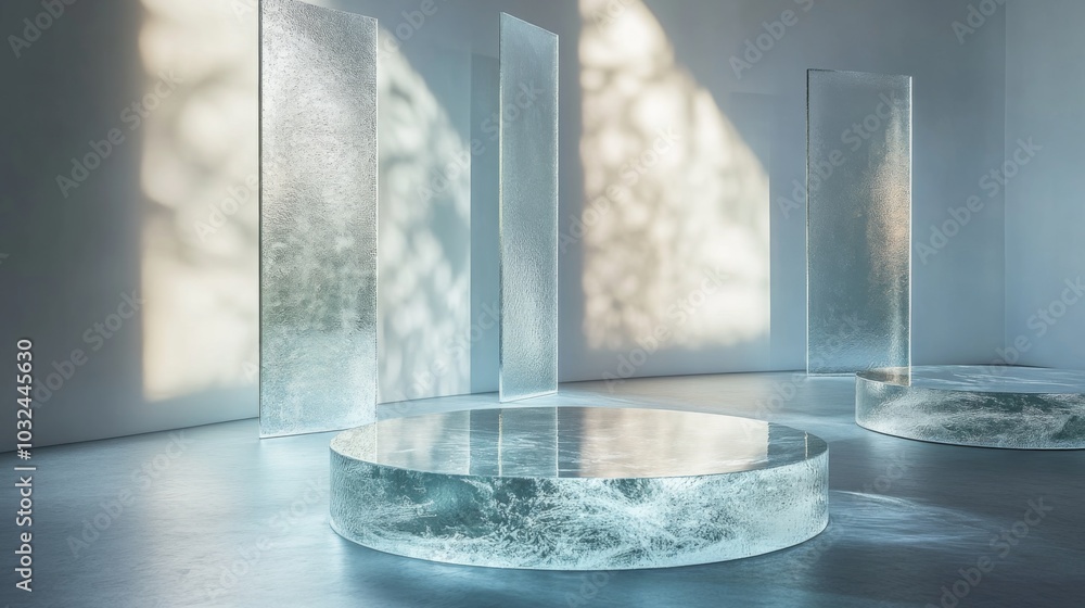 Poster three glass panels stand in a minimalist setting, reflecting sunlight that casts patterns on the whi