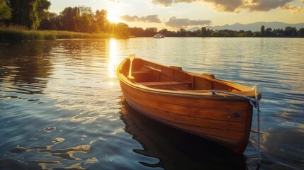 Serene Sunset Over a Calm Lake with a Boat