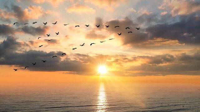 Beautiful sunset at sea and birds flying in the colorful sky with clouds over the ocean, landscape background. Reflection of the sun on calm water with small waves