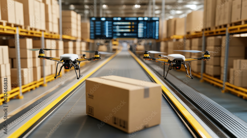 Poster efficient logistics hub with drones and conveyor belts in action