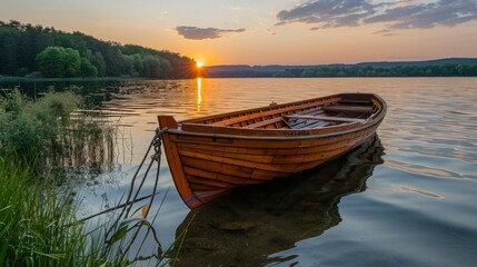 Fototapeta premium Serene Sunset Over a Calm Lake with a Boat