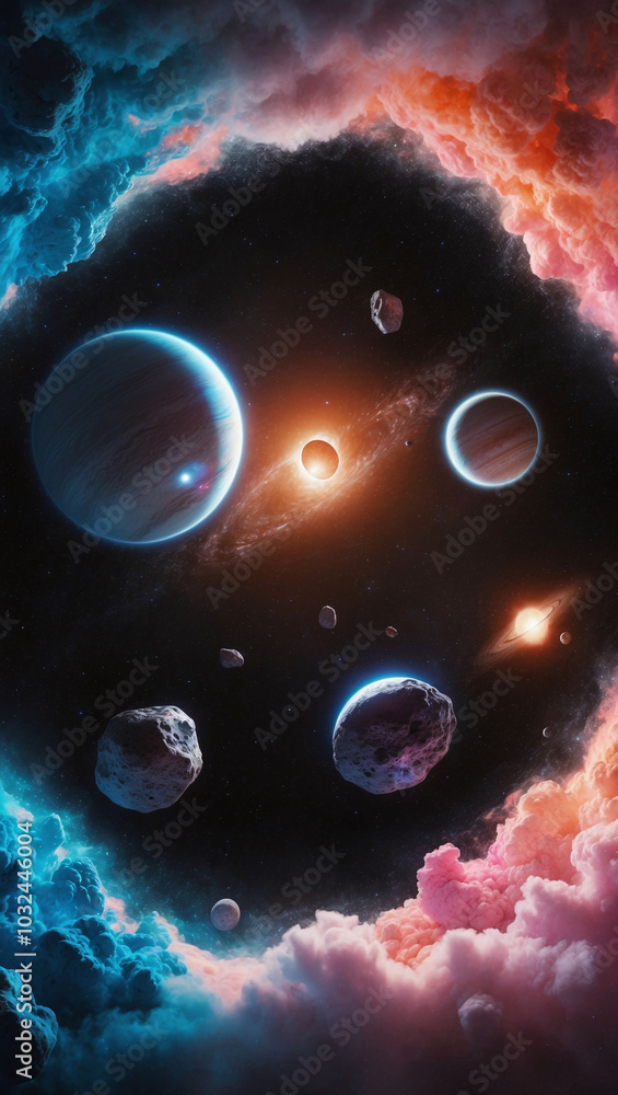 Poster cosmic scene of planets and asteroids floating through deep space with vibrant colors